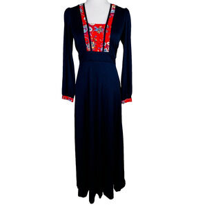 Vintage California Holiday Long Sleeve Navy Floral Maxi‎ Dress Size M